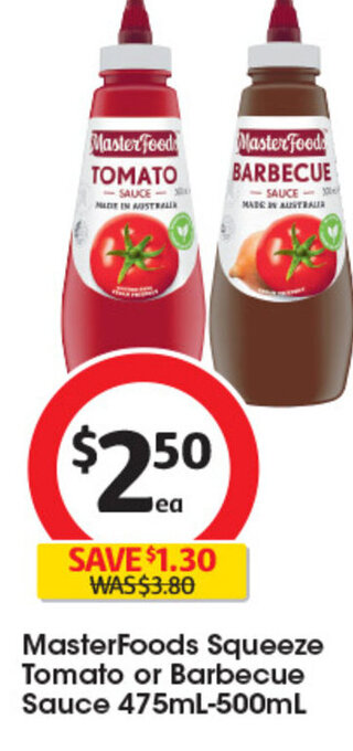 Coles MasterFoods Squeeze Tomato or Barbecue Sauce 475mL-500mL offer