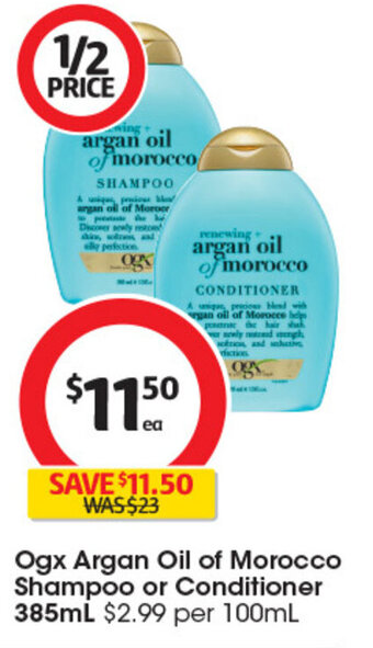 Coles Ogx Argan Oil of Morocco Shampoo or Conditioner 385mL offer