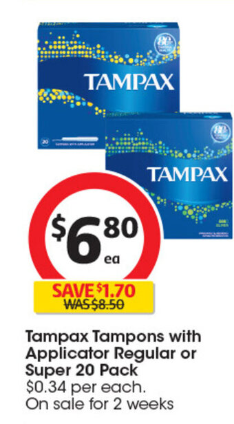 Coles Tampax Tampons with Applicator Regular or Super 20 Pack offer