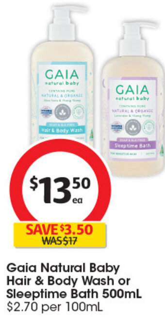 Coles Gaia Natural Baby Hair & Body Wash or Sleeptime Bath 500mL offer