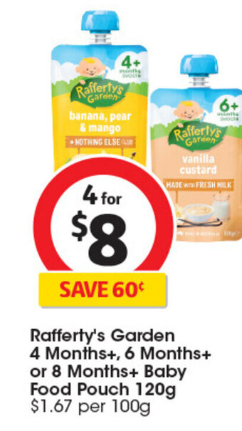 Coles Rafferty's Garden 4 Months+, 6 Months+ or 8 Months+ Baby Food Pouch 120g offer
