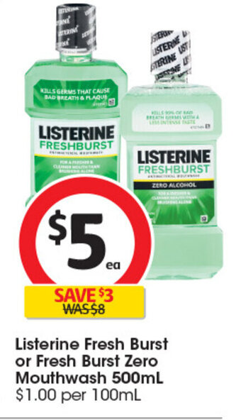 Coles Listerine Fresh Burst or Fresh Burst Zero Mouthwash 500mL offer