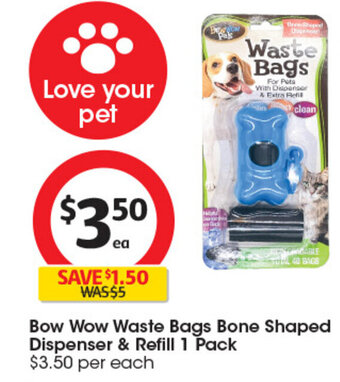 Coles Bow Wow Waste Bags Bone Shaped Dispenser & Refill 1 Pack offer