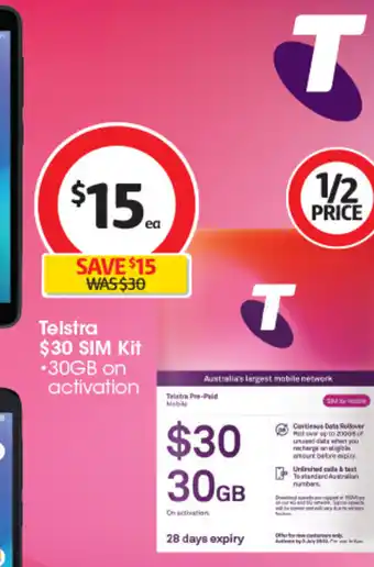 Coles Telstra $30 SIM Kit *30GB on activation offer