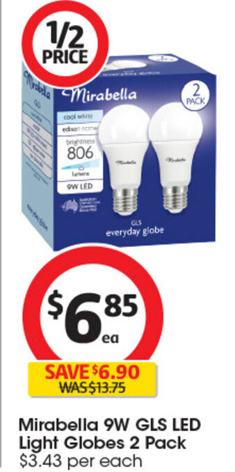 Coles Mirabella 9W GLS LED Light Globes 2 Pack offer