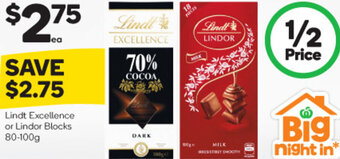 Woolworths Lindt Excellence or Lindor Blocks 80-100g offer