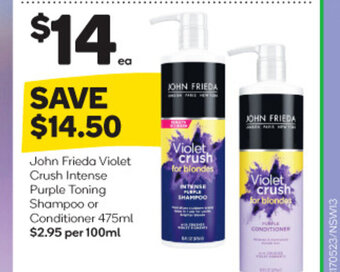 Woolworths John Frieda Violet Crush Intense Purple Toning Shampoo or Conditioner 475ml offer