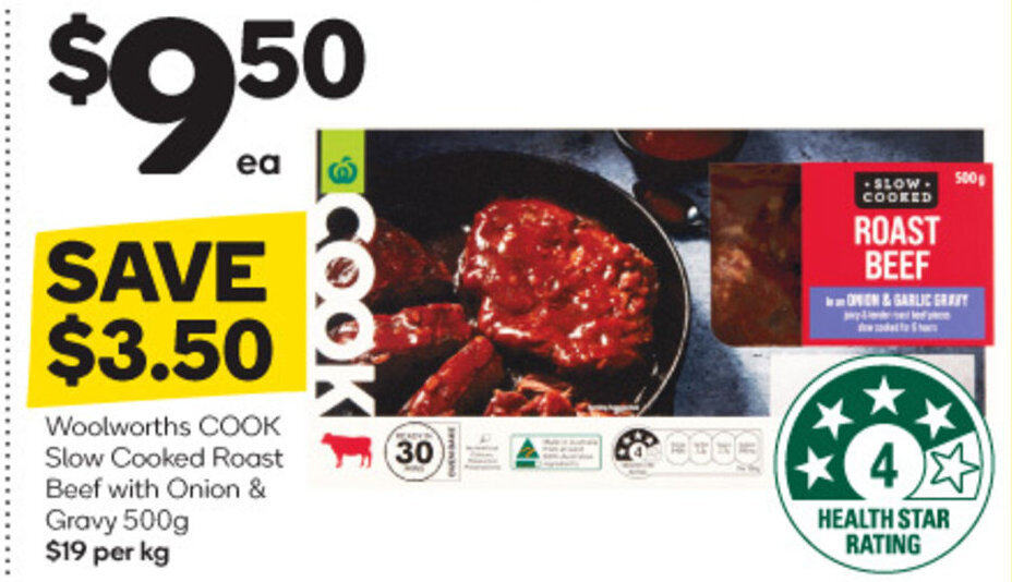 Woolworths COOK Slow Cooked Roast Beef with Onion & Gravy 500g offer at