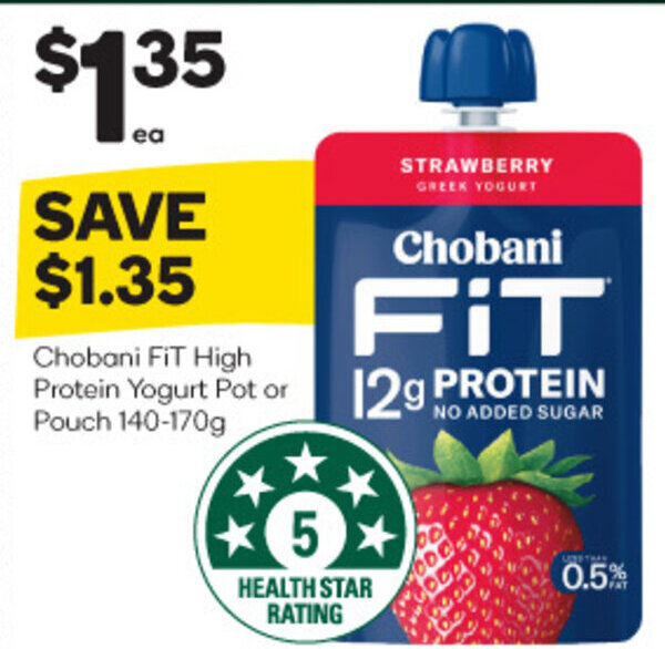Chobani FIT High Protein Yogurt Pot or Pouch 140170g offer at Woolworths