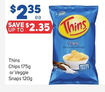 Foodland Thins Chips 175g or Veggie Snaps 120g offer