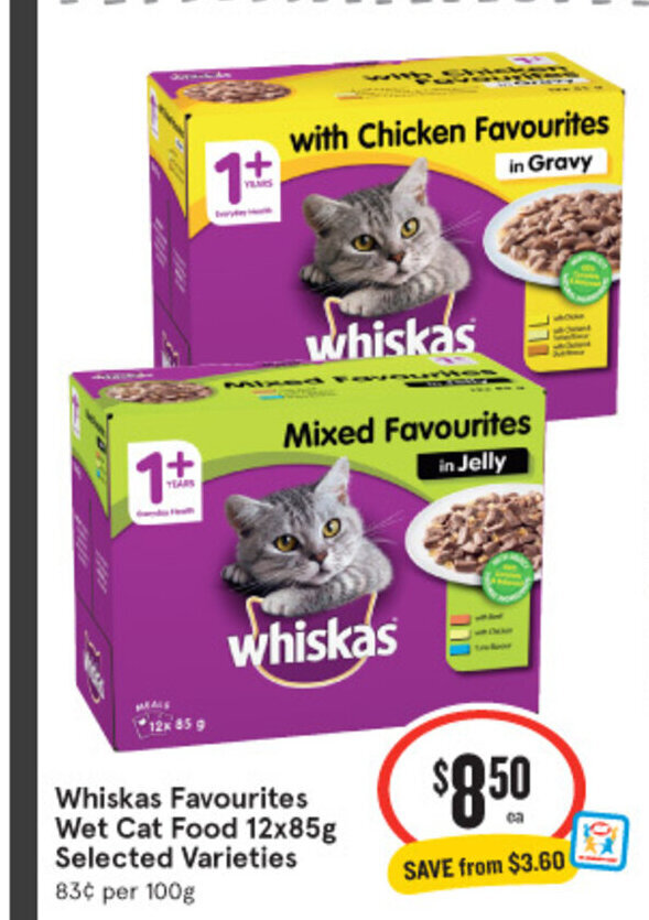 Whiskas Favourites Wet Cat Food 12x85g Selected Varieties offer at IGA
