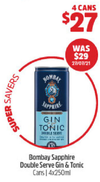 BWS Bombay Sapphire Double Serve Gin & Tonic 4x250ml offer