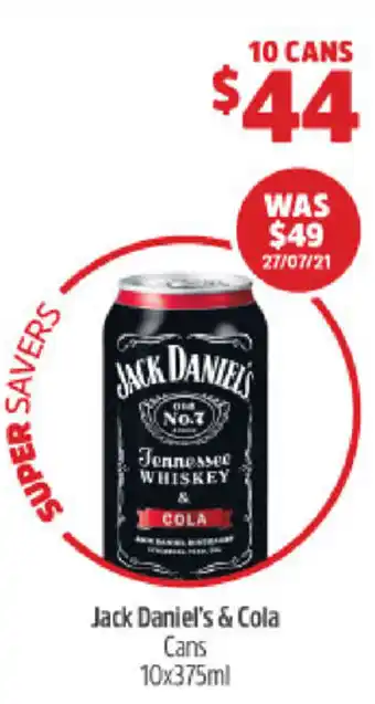 BWS Jack Daniel's & Cola 10x375ml offer