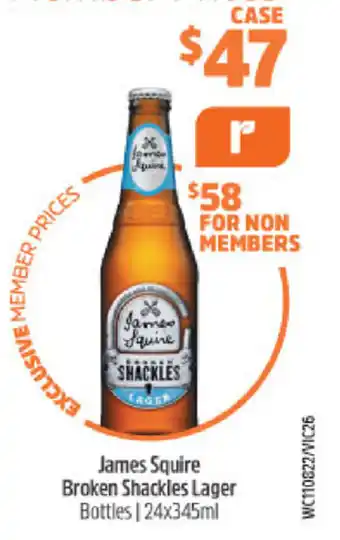 BWS James Squire Broken Shackles Lager 24x345ml offer