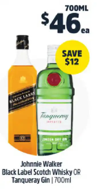 BWS Johnnie Walker Black Label Scotch Whisky Or Tanqueray Gin 700ml offer