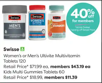 Swisse Women's or Men's Ultivite Multivitamins Tablets 120