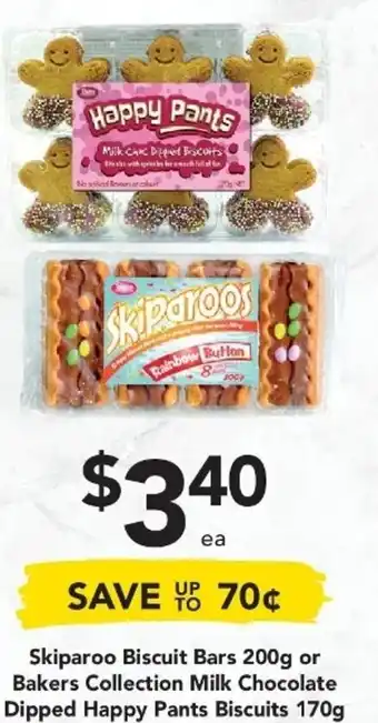 Drakes Skiparoo Biscuit Bars 200g or Bakers Collection Milk Chocolate Dipped Happy Pants Biscuits 170g offer