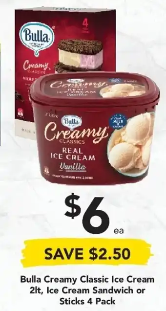 Drakes Bulla Creamy Classic Ice Cream 2lt, Ice Cream Sandwich or Sticks 4 Pack offer