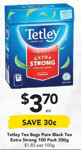 Tetley Tea Bags Pure Black Tea Extra Strong 100 Pack 200g