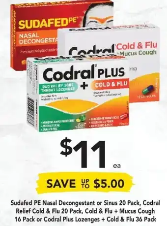 Drakes Sudafed PE Nasal Decongestant or Sinus 20 Pack, Codral Relief Cold & Flu 20 Pack, Cold & Flu + Mucus Cough 16 Pack offer