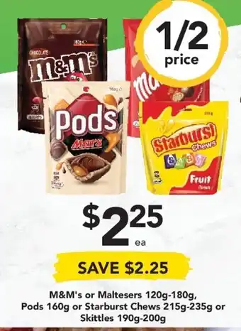 Drakes M&M's or Maltesers 120g-180g, Pods 160g or Starburst Chews 215g-235g or Skittles 190g-200g offer