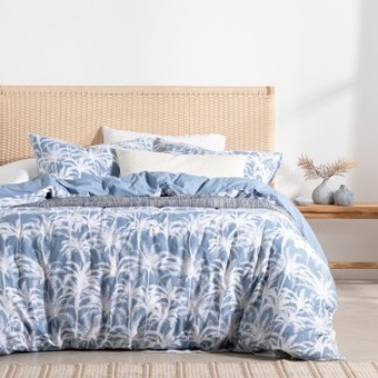 Pillow Talk Barbados palm denim blue quilt cover set by essentials offer