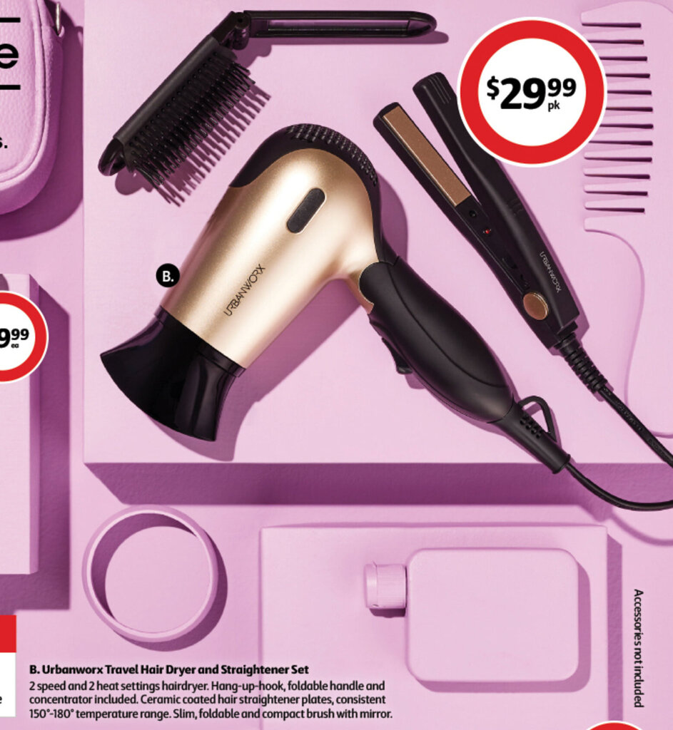B. Urbanworx Travel Hair Dryer and Straightener Set offer at Coles