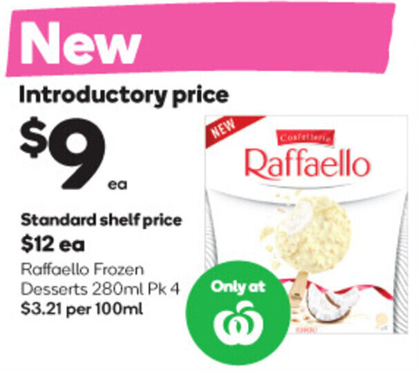 Raffaello Frozen Desserts 280ml Pk 4 offer at Woolworths