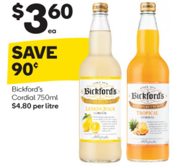 Bickford's Cordial 750ml offer at Woolworths