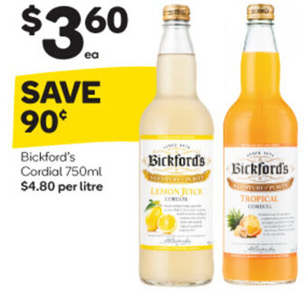Woolworths Bickford's Cordial 750ml offer