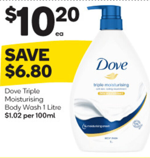 Dove Triple Moisturising Body Wash 1 Litre offer at Woolworths