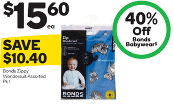 Woolworths Bonds Zippy Wondersuit Assorted Pk 1 offer