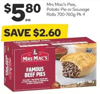 Woolworths Mrs Mac's Pies, Potato Pie or Sausage Polls 700-760g Pk 4 offer