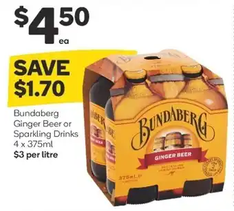 Woolworths Bundaberg Ginger Beer or Sparkling Drinks 4x375ml offer