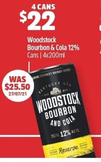 Woolworths Woodstock Bourbon & Cola 12% 4x200ml offer