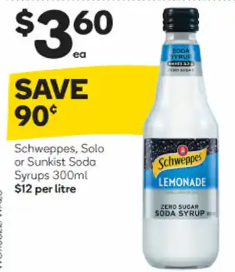Woolworths Schweppes, Solo or Sunkist Soda Syrups 300ml offer