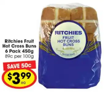 Ritchies Ritchies Fruit Hot Cross Buns 6 Pack 450g offer