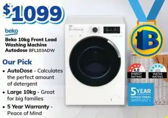 Bi-Rite Beko 10kg Front Load Washing Machine Autodose offer