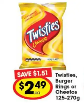 Ritchies Twisties, Burger RIngs or Cheetos 125-270g offer