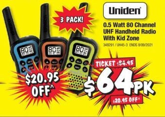 JB Hi-Fi Uniden 0.5 Watt 80 Channel UHF Handheld Radio with Kid Zone offer