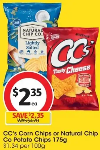 Coles CC's Corn Chips or Natural Chip Co Potato Chips 175g $1.34 per 100g offer