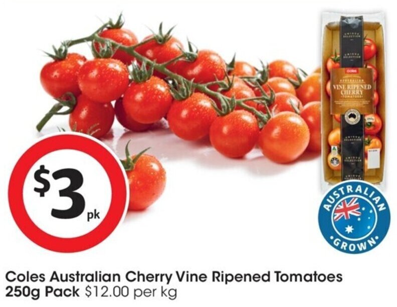 Coles Australian Cherry Vine Ripened Tomatoes 250g Pack offer at Coles