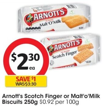 Coles Arnott's Scotch Finger or Malt'o'Milk Biscuits 250g offer
