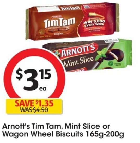 Arnott's Tim Tam, Mint Slice or Wagon Wheel Biscuits 165g200g offer at