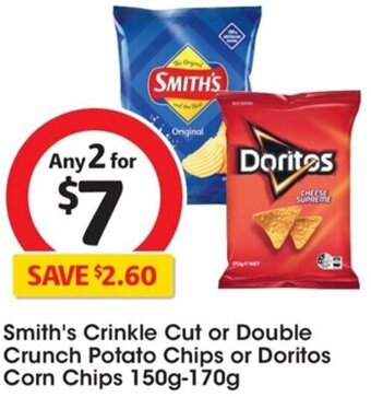 Coles Smith's Crinkle Cut or Double Crunch Potato Chips or Doritos Corn Chips 150g-170g offer