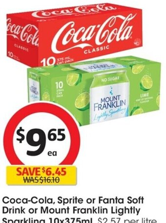 Coles Coca-Cola, Sprite or Fanta Soft Drink or Mount Franklin Lightly Sparkling 10x375mL offer