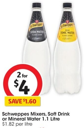 Coles Schweppes Mixers, Soft Drink or Mineral Water 1.1 Litre offer