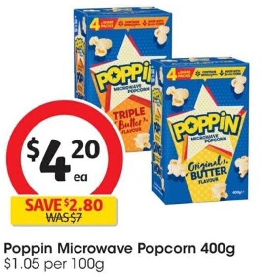 Poppin Microwave Popcorn 400g offer at Coles