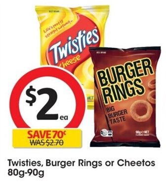 Coles Twisties, Burger Rings or Cheetos 80g-90g offer