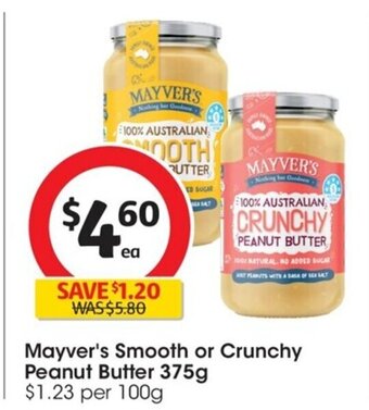 Coles Mayver's Smooth or Crunchy Peanut Butter 375g offer